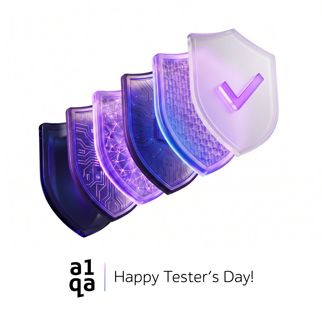 Ilustración del Día del Tester de a1qa con escudos digitales que simbolizan la calidad y seguridad del software.